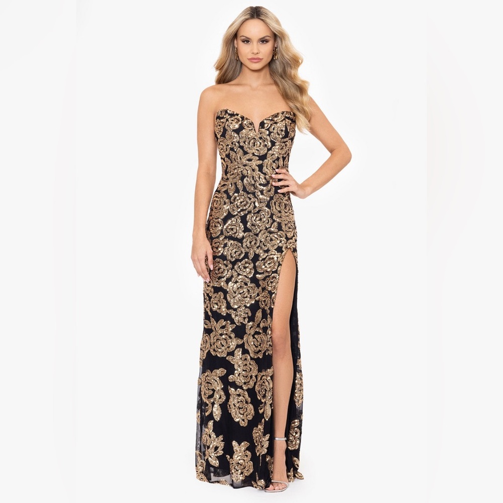 Macy's Gold and Black Embellished Strapless Gown